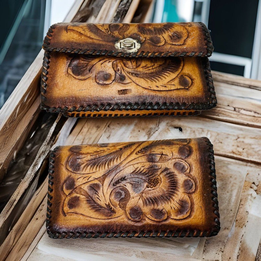 Vintage Floral Tooled Leather Mexico Clutch Bag